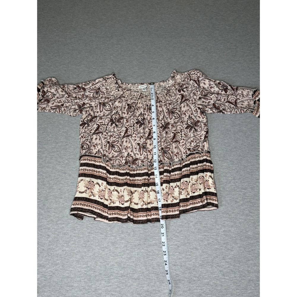 🍁American Eagle Boho Floral Off Shoulder Bell Sleeve Blouse Tan Brown Small - Picture 5 of 9